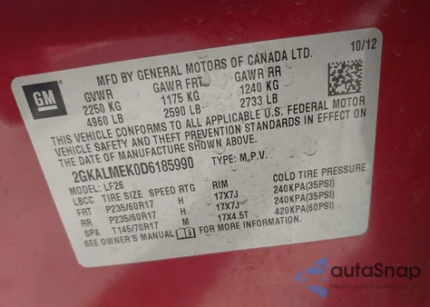 2013 GMC Terrain Sle-1 z USA, uszkodzony, nr VIN 2GKALMEK0D6185990